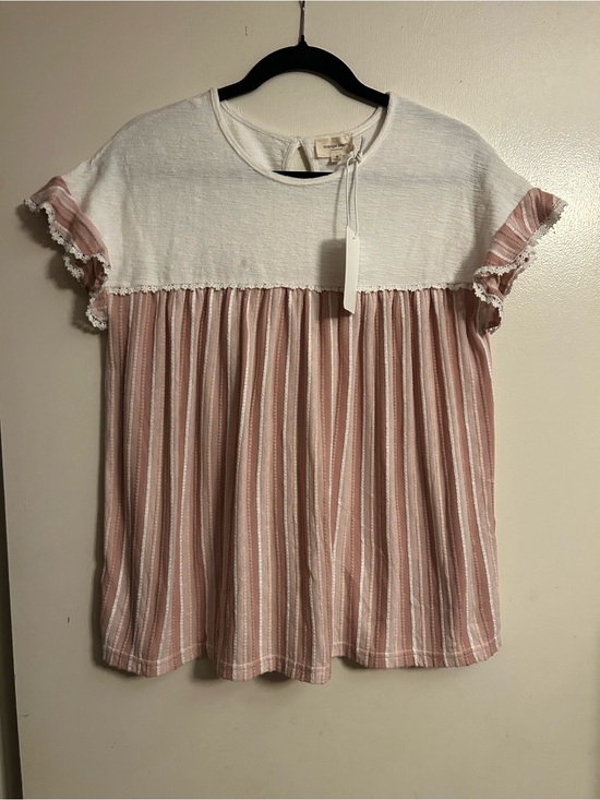 orange creek Tops - orange creek Pink and White Striped Knit Top with Lace Trim